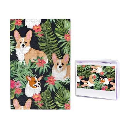 Puzzle mit 1000 Teilen: Tropische Blumen und Corgi-Puzzles für Erwachsene, herausforderndes Puzzle, personalisiertes Bild, Holzpuzzle, 74,9 x 50 cm von Dwrepo