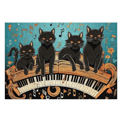 Vier schwarze Katzen, die auf dem Klavier liegen, Keyboard-Puzzle, personalisiertes Bild, Puzzle, Heimdekoration, Wand, Holzpuzzle, 200 Teile, für Erwachsene von Dwrepo