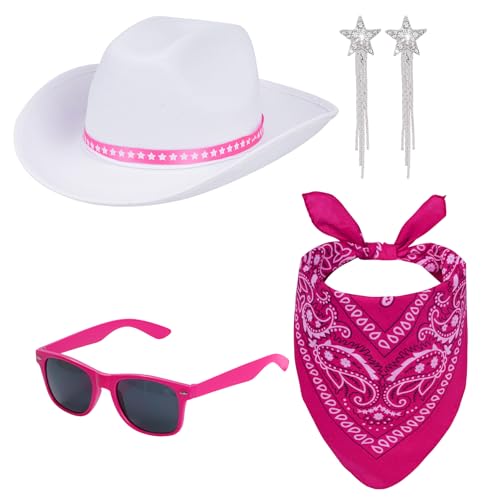 Dxhycc Cowgirl-Kostüm-Set, weißer Cowgirl-Hut, Paisleymütze, Bandana, Stern, Quaste, Ohrringe und Sonnenbrille für Disco, Halloween, Cosplay, Party, Hot Pink von Dxhycc