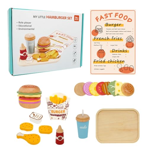 Adorable Pretend Play Hamburger Set, Sturdy Fast Food Toy Play Kitchen Accessories for Toddler, Burger French Fries Fried Chicken Drinks Toy Foods, Wooden Play Food for Kids von Dybnuhoc