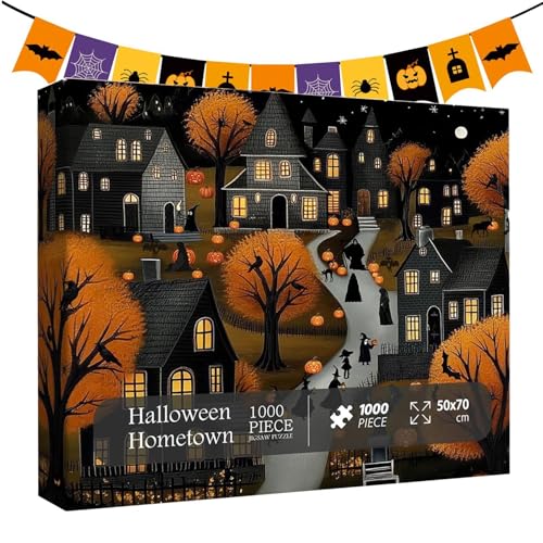 Dyeulget Halloween-Puzzle,Halloween-Stadtpuzzle - 1000 Teile Sammelpuzzle | Spukhaus-Puzzle, herausforderndes Puzzle für Erwachsene, lustiges Vintage-Puzzlespielzeug für Kinder, Freunde und Erwachsene von Dyeulget