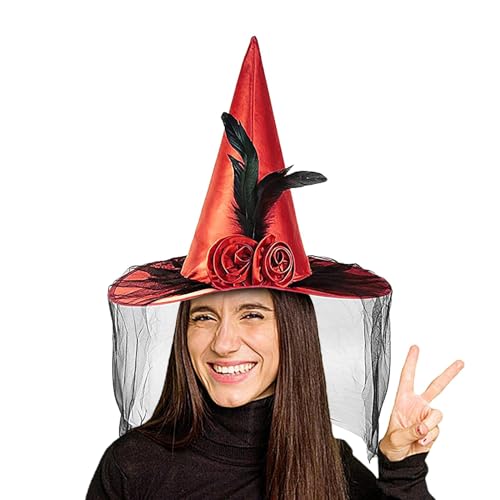 Dyeulget Hexenhut für Erwachsene, Hexenhüte für Frauen - Hexenhut Halloweenhut - Zaubererhut mit Halbschleier, Federrose-Hut mit breiter Krempe, Partyhüte, spitzer Hut, Halloween-Kostümzubehör von Dyeulget