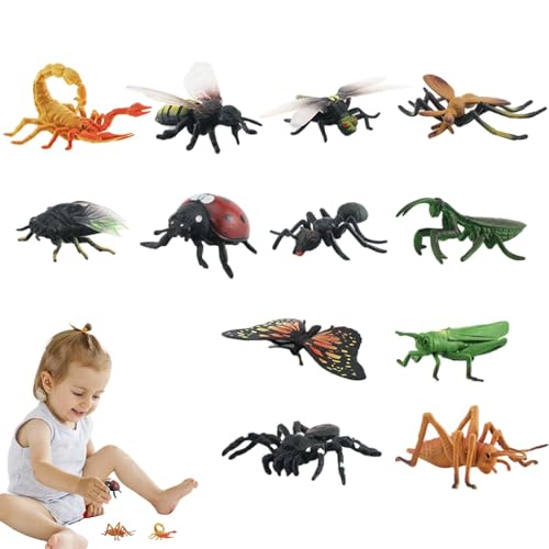 Dyeulget Kleines Fliegentier-Spielzeug, Mini-Tier-Set,Mini Flys Lernspielfiguren - 12-teiliges realistisches Figurenset, Lernspielzeug, Tierfiguren für Jungen und Mädchen, Spinnen, Skorpione, Grillen von Dyeulget