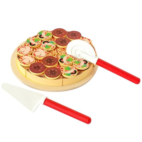 Dyeulget Pizza-Spielzeug aus Holz | Tu so, als würdest du Essen mit Holz Spielen | Lebensmittel-Set – Küchenspaß, schneidbares Lebensmittelspielzeug – frühe Entwicklung, pädagogisches Geschenk für von Dyeulget