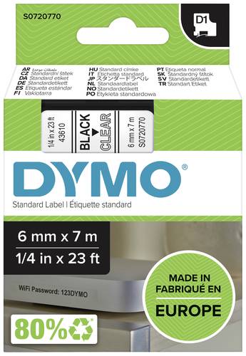 DYMO Schriftband D1 43610 Bandfarbe: Transparent Schriftfarbe:Schwarz 6mm 7m von Dymo