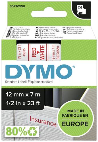 DYMO Schriftband D1 45015 Bandfarbe: Weiß Schriftfarbe:Rot 12mm 7m von Dymo