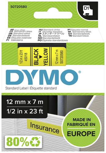 DYMO Schriftband D1 45018 Bandfarbe: Gelb Schriftfarbe:Schwarz 12mm 7m von Dymo