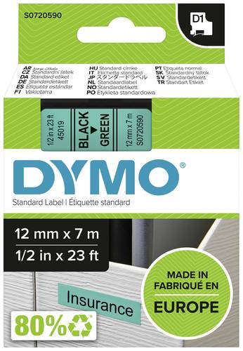 DYMO Schriftband D1 45019 Bandfarbe: Grün Schriftfarbe:Schwarz 12mm 7m von Dymo