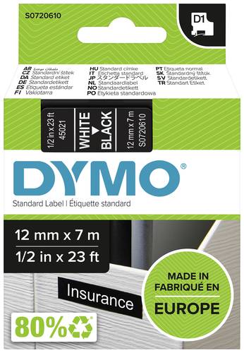 DYMO Schriftband D1 45021 Bandfarbe: Schwarz Schriftfarbe:Weiß 12mm 7m von Dymo