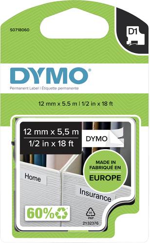 DYMO Schriftband D1 S0718060 Polyester Bandfarbe: Weiß Schriftfarbe:Schwarz 12mm 5.5m von Dymo