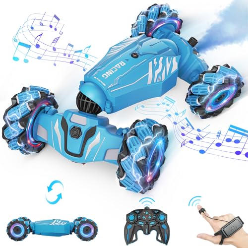 Dysaim Ferngesteuertes Auto ab 6 7 8 9 10 Jahre, 4WD RC Auto mit Handsteuerung, 360°Drehung Drift RC Stunt Car mit Licht Musik &Spray, 2.4Ghz RC Auto Spielzeug Geschenk für Jungen Mädchen Kinder, Blau von Dysaim