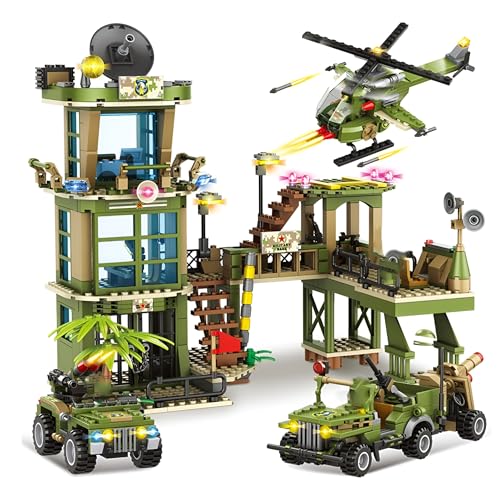 Armee Station Militärbasis Bausteine Bausatz, WW2 Schlacht Basis Bauklötze Kit, mit Militär LKW, Armee Auto, Flugzeug und tragbare Lagerung Eimer, Krieg Rollenspiel Geschenke für Kinder Erwachsene von DzirePada