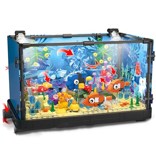 DzirePada Fischen Tank Bausteine Bausatz, 725 Teile Aquarium Bauklotz Spielzeug, kreatives Meeresquallen Ökotank Tiermodell, STEM Ideen Geschenk für Kinder und Erwachsene (7023) von DzirePada