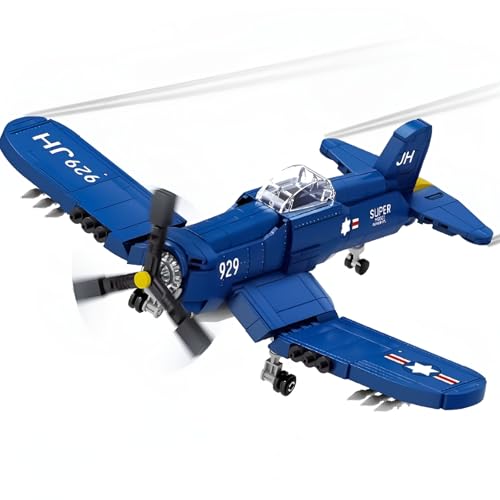 DzirePada Militär F4U Jäger Bausteine Bausatz, 562Stück WW2 Flugzeug Flugzeug Jet Corsair Luftwaffe Bauklötze Kit, Krieg Armee Flugzeug Modell Spielzeug, Ideen Geschenke für Jungen Kinder Erwachsene von DzirePada