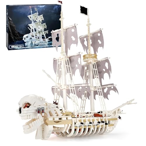 DzirePada Skelettschiff Bausteine Bausatz, 1592Stück STEM Piratenboot Modell Spielzeug, Kreativer Totenkopfthema für Piraten Fans Klemmbausteine Kit, Geschenkideen für Kinder und Erwachsene von DzirePada