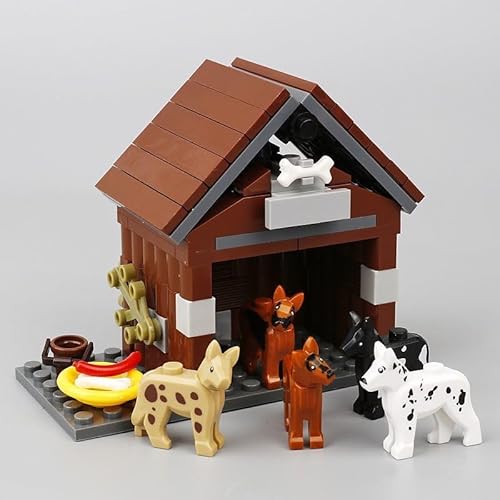 DzirePada Zwinger Bausteine Bausatz, 5 Hunde + Zwinger Bausteine Kit, DIY Bauernhof Erweiterungs Zubehör, Tier Bausteine Set, MOC Konstruktionsspielzeug Set für Kinder Erwachsene (D) von DzirePada