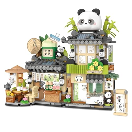 Pandabär Teehaus Mini Bausteine Bausatz, 860Stück Straßenansicht Tee-Haus Mikro Architektur Modell Spielzeug, Simulator Tier Stadt Shop Bau Klemmbausteine Kit, Ideen Geschenke für Kinder Erwachsene von DzirePada