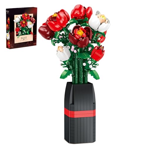 Rose Blumen Bausteine Bausatz, 761Stück Blumen Bouquet Ziegel Modell Spielzeug, Büro Zuhause für Immer Rose Dekor Pflanze Klemmbausteine mit Vase, Geschenke für Kinder Geburtstag Erwachsene Frauen von DzirePada