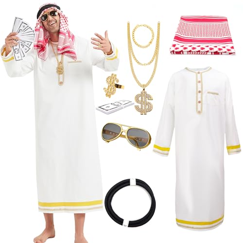 Dzorim Arab Costume Araber Scheich Kostüm Herren Faschingskostüm Araber Saudi Arabien Set Weißes Gewand mit Kopftuch Ring Halskette Sonnenbrille Carnaval von Dzorim