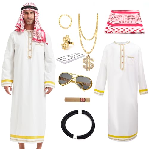 Dzorim Arab Costume Araber Scheich Kostüm Herren Faschingskostüm Araber Saudi Arabien Set Weißes Gewand mit Kopftuch Ring Halskette Sonnenbrille Carnaval von Dzorim