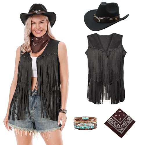 Dzorim Cowgirl Kostüm Damen Western Cowgirl Hut Cowboy Outfits Damen Mädchen mit Hat Scarf Wristband für Karneval (Black, 3XL) von Dzorim