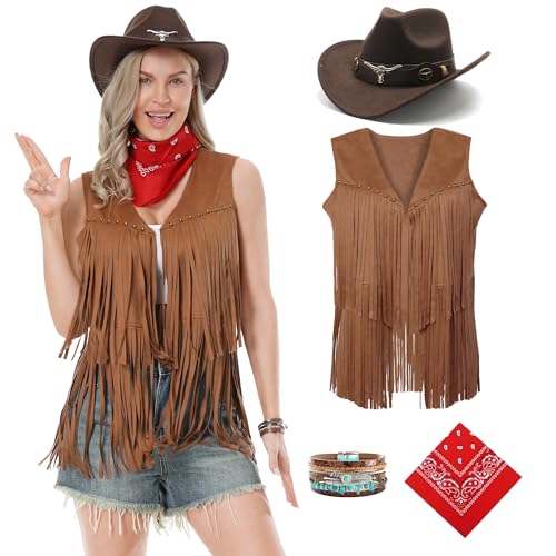 Dzorim Cowgirl Kostüm Damen Western Cowgirl Hut Cowboy Outfits Damen Mädchen mit Hat Scarf Wristband für Karneval (Brown, 3XL) von Dzorim