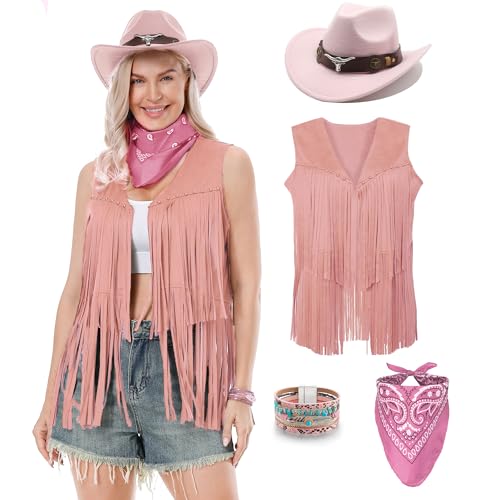 Dzorim Cowgirl Kostüm Damen Western Cowgirl Hut Cowboy Outfits Damen Mädchen mit Hat Scarf Wristband für Karneval (Pink, 3XL) von Dzorim