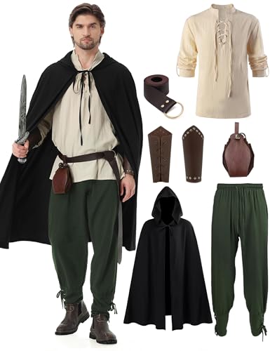 Dzorim Mittelalter Kleidung Herren Set Renaissance Kostüm Mittelalterliches Piratenhemd Mittelalter Hose Viking Kostüm mit Mantel, Gürtel, Handgelenkschützer, Goldmünzenbeutel von Dzorim