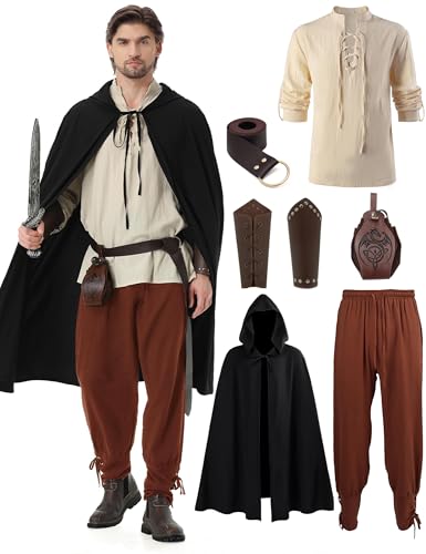 Dzorim Mittelalter Kleidung Herren Set Renaissance Kostüm Mittelalterliches Piratenhemd Mittelalter Hose Viking Kostüm mit Mantel, Gürtel, Handgelenkschützer, Goldmünzenbeutel von Dzorim