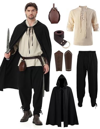 Dzorim Mittelalter Kleidung Herren Set Renaissance Kostüm Mittelalterliches Piratenhemd Mittelalter Hose Viking Kostüm mit Mantel, Gürtel, Handgelenkschützer, Goldmünzenbeutel von Dzorim