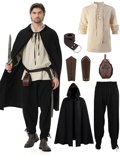 Dzorim Mittelalter Kleidung Herren Set Renaissance Kostüm Mittelalterliches Piratenhemd Mittelalter Hose Viking Kostüm mit Mantel, Gürtel, Handgelenkschützer, Goldmünzenbeutel von Dzorim