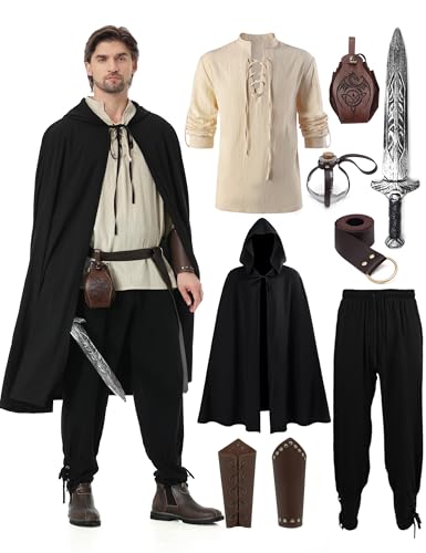 Dzorim Mittelalter Kleidung Herren Set Renaissance Kostüm Piraten Leinenhemd Herren Langarm Mittelalter Piratenhemd Wikinger Hemd Kleidung Herren Hose Gürtel und Anderes Zubehör von Dzorim