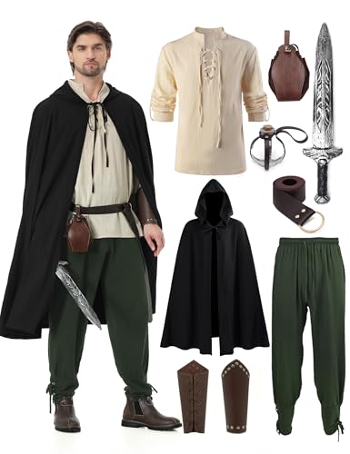 Dzorim Mittelalter Kleidung Herren Set Renaissance Viking Kostüm Piraten Leinenhemd Herren Langarm Mittelalter Piratenhemd Wikinger Hemd Kleidung Hose Gürtel Zubehör von Dzorim