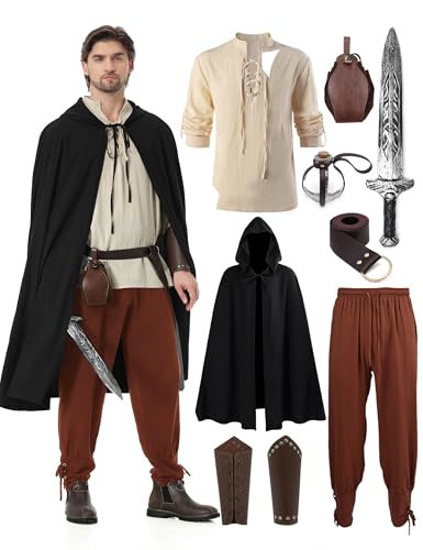 Dzorim Mittelalter Kleidung Herren Set Renaissance Kostüm Piraten Leinenhemd Herren Langarm Mittelalter Piratenhemd Wikinger Hemd Kleidung Herren Hose Gürtel und Anderes Zubehör von Dzorim