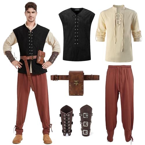 Dzorim Mittelalter Kleidung Herren Set Renaissance Wikinger Viking Piraten Kostüm Fasching Costume Gilet Medievale, Hemd, Hose, Gürtel und anderes Zubehör (Brown, 2XL) von Dzorim