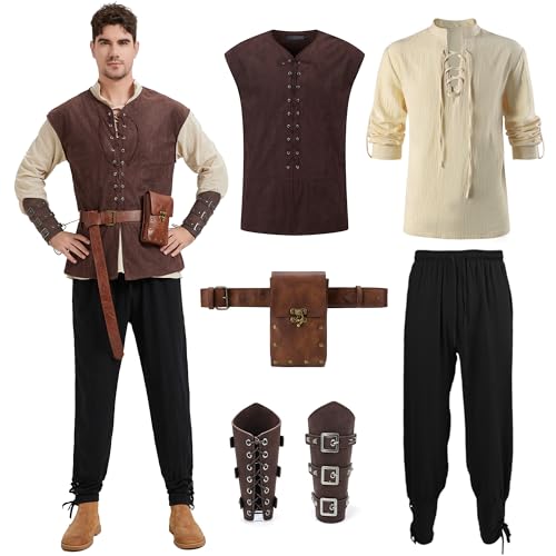 Dzorim Mittelalter Kleidung Herren Set Renaissance Wikinger Viking Piraten Kostüm Fasching Costume Gilet Medievale, Hemd, Hose, Gürtel und anderes Zubehör von Dzorim