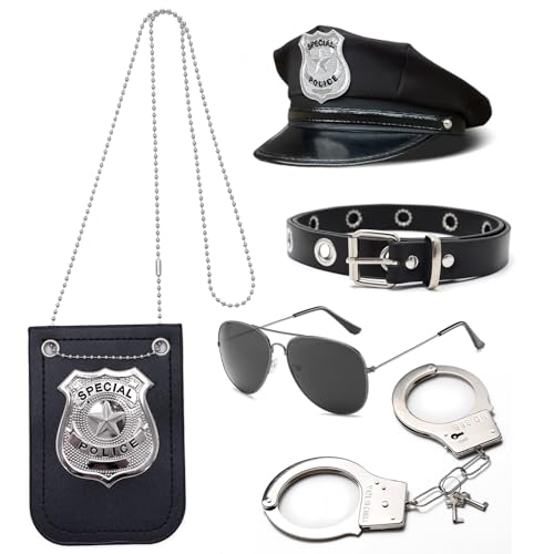 Dzorim Polizei Kostüm Zubehör Polizei Set Kinder Polizei Kostüm Accessoires Polizeikostüm Damen Zubehör mit Hüte, Abzeichen, Brillen, Handschellen, Spielzeug, Gürtel (Black) von Dzorim