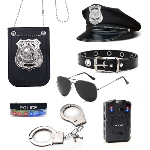 Dzorim Polizei Kostüm Zubehör Polizei Set Kinder Polizei Kostüm Accessoires Polizeikostüm Damen Zubehör mit Hüte, Abzeichen, Brillen, Handschellen, Spielzeug, Gürtel (Deep Black) von Dzorim