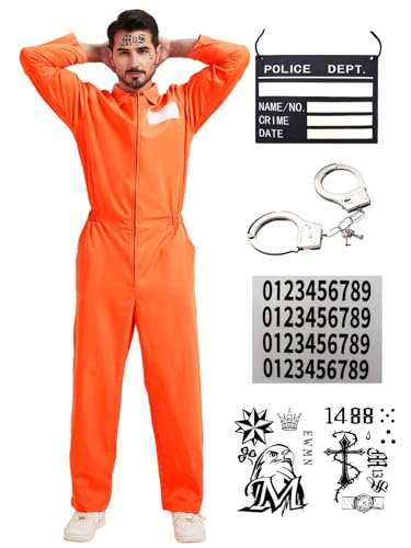 Dzorim Halloween Prisoner Overall Kostüm Herren Häftlinge Sträfling Kostüm Orange Gefangener Overall Herren Damen Orange Prison Jumpsuit Prisoner Outfit Costume Cosplay von Dzorim