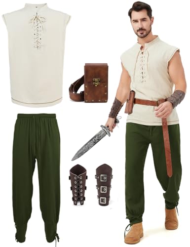 Dzorim Renaissance Kostüm Mittelalter Herren Kostüme 7 Stückmit Viking Kostüm Männer Piratenhemd Herren Lang Hose Gürtel Handgelenkgurt von Dzorim