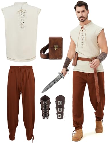 Dzorim Renaissance Kostüm Mittelalter Herren Kostüme 7 Stückmit Viking Kostüm Männer Piratenhemd Herren Lang Hose Gürtel Handgelenkgurt von Dzorim