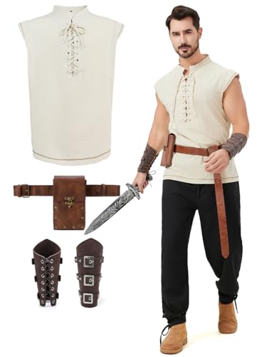 Dzorim Renaissance Kostüm Mittelalter Herren Kostüme 7 Stückmit Viking Kostüm Männer Piratenhemd Herren Lang Hose Gürtel Handgelenkgurt von Dzorim