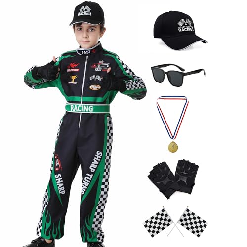 Dzorim Rennfahrer Kostüm Kinder Jungen rennfahrer Racer Jumpsuit faschingskostüme mit Handschuhe Brille Flagge Hut (100) von Dzorim