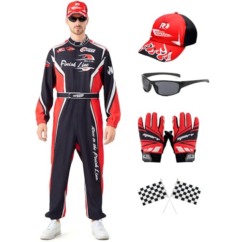 Dzorim Rennfahrer-Kostüm für Herren mit Hut, Rennoverall, Handschuhen, Flagge und Sonnenbrille für Erwachsene Dzorim Rennfahrer-Kostüm für Herren mit Hut, Rennoverall, Handschuhen, Flagge und Sonnenbrille für Erwachsene von Dzorim