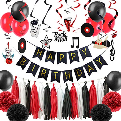 EASY JOY Rock n Roll Deko Heavy Metal Deko,Born to Rock,Happy Birthday Banner Luftballons Girlande Schallplatte Dekoration für Rock-Thema Geburtstag Party Dekoration von EASY JOY