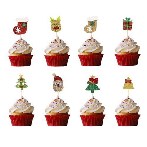 Easy Joy 18 Stück Weihnachten Tortendeko Weihnachten Cupcake Toppers,Glitter Oberflächenschicht,Weihnachten Zahnstocher Fahnen,Rentier Kuchen Dekorationen für Weihnachtsfeier Dekoration von EASY JOY