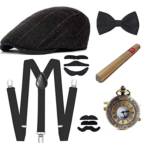 EBETA 1920s Jahre Herren Accessoires Zubehör Set 20er Jahre Herren Gatsby Kostüm Set Panama Gangster Hut Verstellbar Hosenträger Herren Halsschleife Fliege Taschenuhr und Zigarre (D) von EBETA