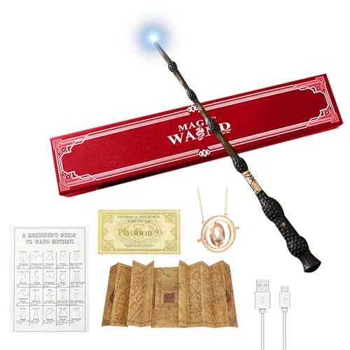 EBKCQ Elderstab, Dumbledore Zauberstab mit Licht, Wiederaufladbar Magic Wand, Leuchtend Wizarding World Zauberstäbe Geschenkbox mit Zauberspruch Karte, Landkarte, Halskette, Stationsticket von EBKCQ