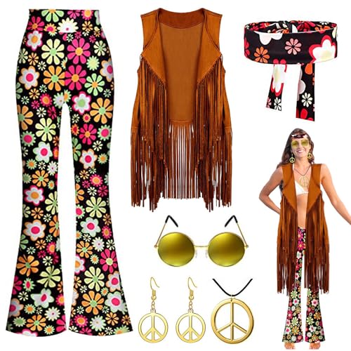 EBKCQ Hippie Kostüm Damen, 60er 70er Jahre Bekleidung Damen Fransen Set, Hippie Kleidung Damen, Hippie Accessoires Schlaghose Brille Kette Haarband Ohrringe, Disco Outfit Hippie Faschingskostüme (M) von EBKCQ