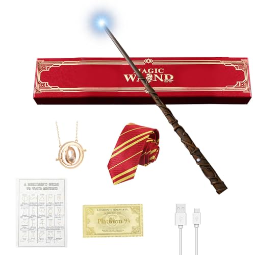 EBKCQ Zauberstab Hermine Granger, Zauberstab mit Licht, Wiederaufladbar Magic Wand, Leuchtend Wizarding World Zauberstäbe Geschenkbox mit Zauberspruch Karte, Stationsticket, Halskette, Kravatte von EBKCQ